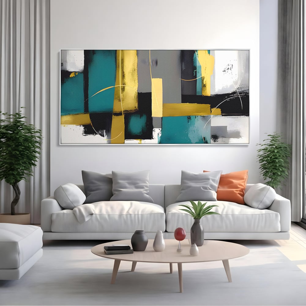 Tablou canvas cu tablou canvas cu forme geometrice abstracte, in rama de aluminiu argintiu, pe perete intr-un living